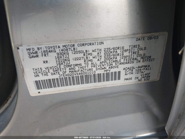 Продаж на аукціоні авто 2004 Toyota Rav4, vin: JTEHD20VX46001010, номер лоту: 45776880