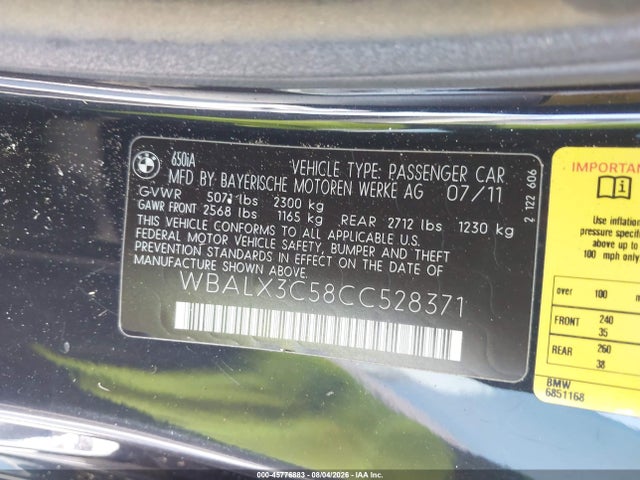 45776883 :رقم المزاد ، WBALX3C58CC528371 vin ، 2012 Bmw 650i مزاد بيع