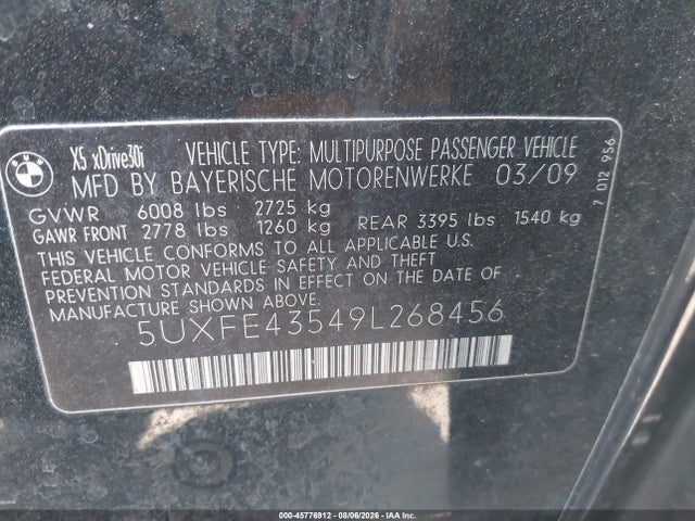 Aukcja sprzedaży 2009 Bmw X5 Xdrive30i, vin: 5UXFE43549L268456, numer aukcji: 45776912