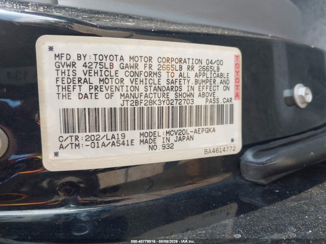 Продажа на аукционе авто 2000 Toyota Camry Xle V6, vin: JT2BF28K3Y0272703, номер лота: 45776916