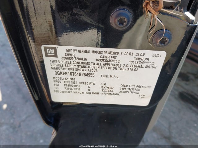 Aukcja sprzedaży 2001 Gmc Yukon Xl 1500 Slt, vin: 3GKFK16T61G254955, numer aukcji: 45776918