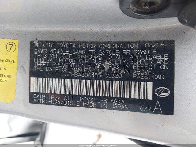 45776923 :رقم المزاد ، JTHBA30G455130330 vin ، 2005 Lexus Es 330 مزاد بيع