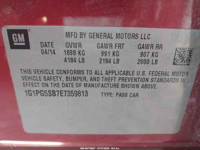 45776927 :رقم المزاد ، 1G1PG5SB7E7359813 vin ، 2014 Chevrolet Cruze Ltz مزاد بيع