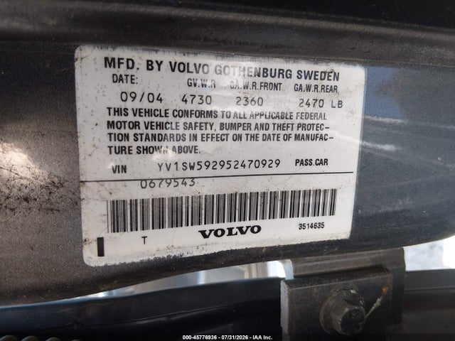 2005 Volvo V70 2.5t A/2.5t A Sr მანქანა იყიდება აუქციონზე, vin: YV1SW592952470929, აუქციონის ნომერი: 45776936