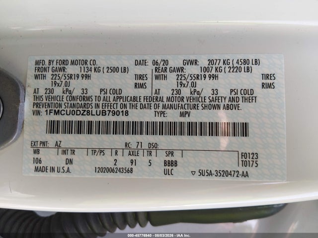 Продаж на аукціоні авто 2020 Ford Escape Titanium Hybrid, vin: 1FMCU0DZ8LUB79018, номер лоту: 45776940