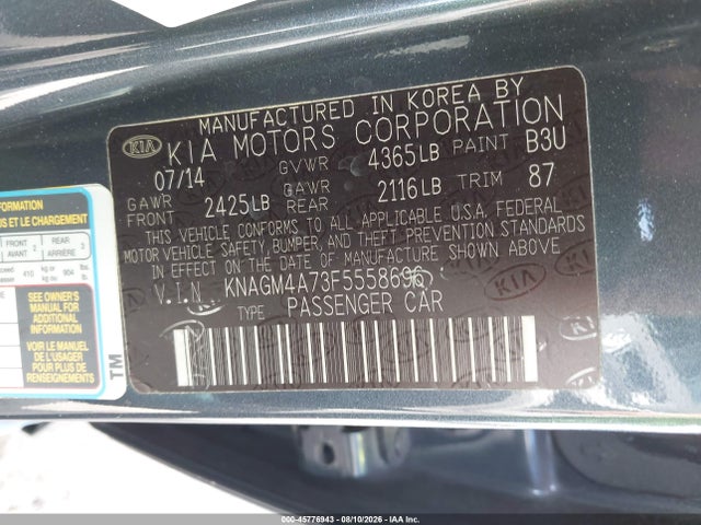 45776943 :رقم المزاد ، KNAGM4A73F5558696 vin ، 2015 Kia Optima Lx مزاد بيع