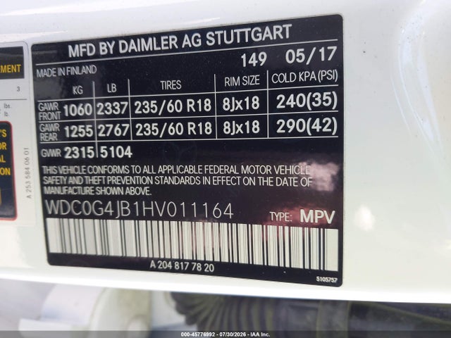 Aukcja sprzedaży 2017 Mercedes-benz Glc 300, vin: WDC0G4JB1HV011164, numer aukcji: 45776992