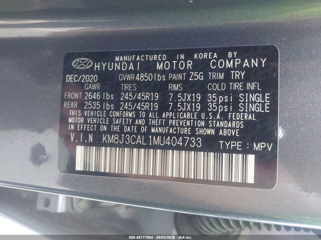 2021 Hyundai Tucson Sport მანქანა იყიდება აუქციონზე, vin: KM8J3CAL1MU404733, აუქციონის ნომერი: 45777004