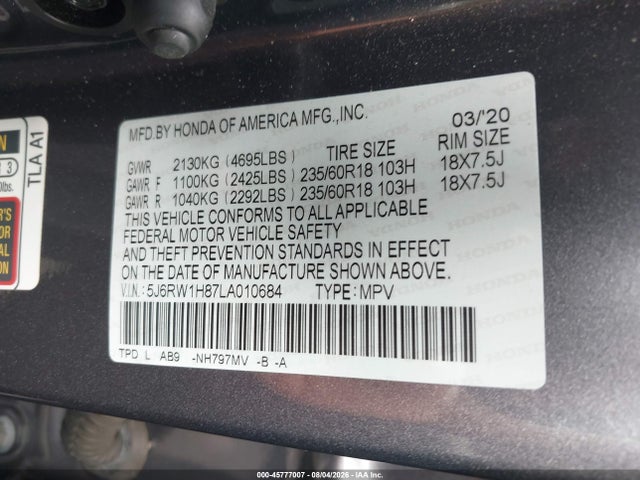 5J6RW1H87LA010684 Honda Cr-v 2wd Ex-l