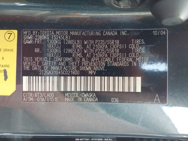 Aukcja sprzedaży 2005 Lexus Rx 330, vin: 2T2GA31U45C021800, numer aukcji: 45777021