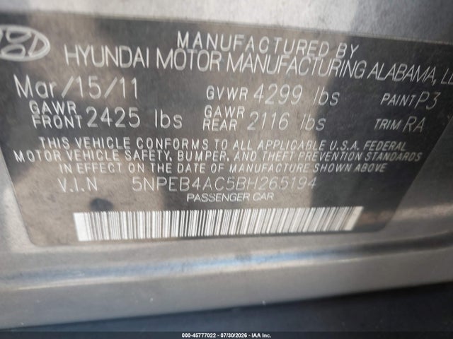 45777022 :رقم المزاد ، 5NPEB4AC5BH265194 vin ، 2011 Hyundai Sonata Gls مزاد بيع