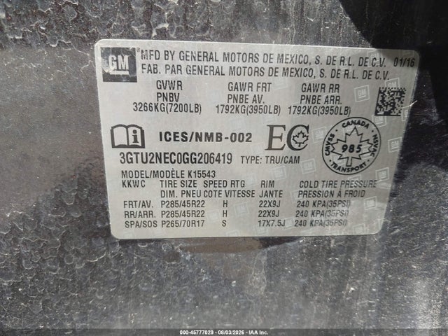 Продаж на аукціоні авто 2016 Gmc Sierra 1500 Slt, vin: 3GTU2NEC0GG206419, номер лоту: 45777029