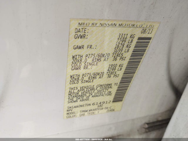 45777030 :رقم المزاد ، 5N1AA0NE7DN614912 vin ، 2013 Nissan Armada Platinum مزاد بيع