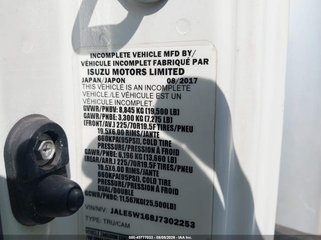 45777033 :رقم المزاد ، JALE5W168J7302253 vin ، 2018 Isuzu Nrr مزاد بيع