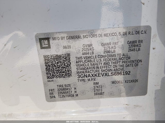 Aukcja sprzedaży 2020 Chevrolet Equinox Fwd Lt 1.5l Turbo, vin: 3GNAXKEVXLS696192, numer aukcji: 45777048