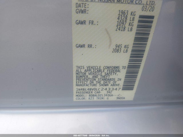Продаж на аукціоні авто 2020 Nissan Altima S Fwd, vin: 1N4BL4BV0LC243347, номер лоту: 45777049