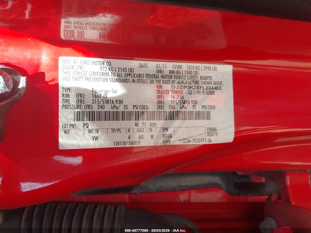 2015 Ford Focus Se მანქანა იყიდება აუქციონზე, vin: 1FADP3K2XFL224483, აუქციონის ნომერი: 45777060