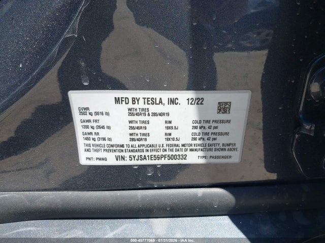 45777069 :رقم المزاد ، 5YJSA1E59PF500332 vin ، 2023 Tesla Model S Dual Motor All-wheel Drive/standard Range مزاد بيع