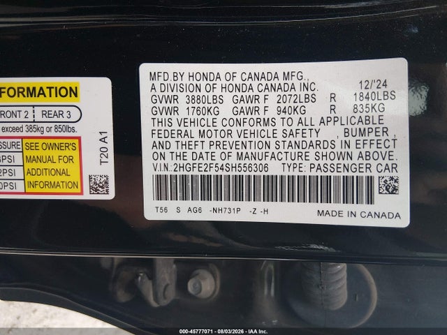 2025 Honda Civic Sport მანქანა იყიდება აუქციონზე, vin: 2HGFE2F54SH556306, აუქციონის ნომერი: 45777071