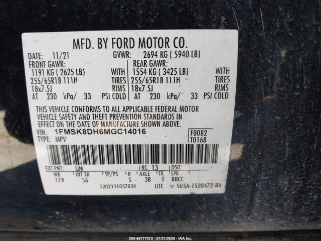 Aukcja sprzedaży 2021 Ford Explorer Xlt, vin: 1FMSK8DH6MGC14016, numer aukcji: 45777072