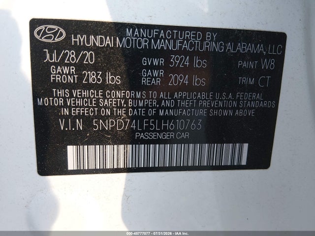 2020 Hyundai Elantra Se მანქანა იყიდება აუქციონზე, vin: 5NPD74LF5LH610763, აუქციონის ნომერი: 45777077