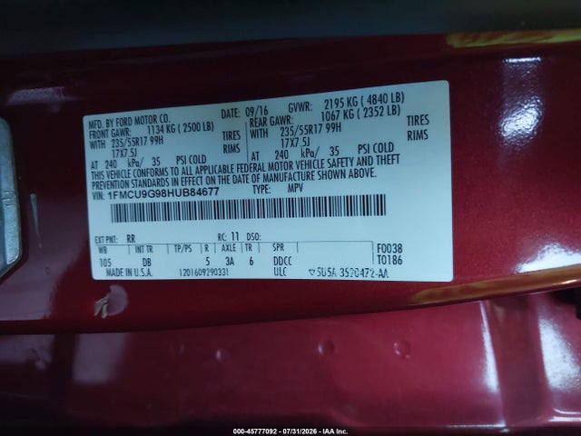 1FMCU9G98HUB84677 Ford ESCAPE SE