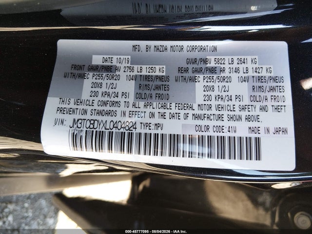 2020 Mazda Cx-9 Grand Touring მანქანა იყიდება აუქციონზე, vin: JM3TCBDYXL0404824, აუქციონის ნომერი: 45777095
