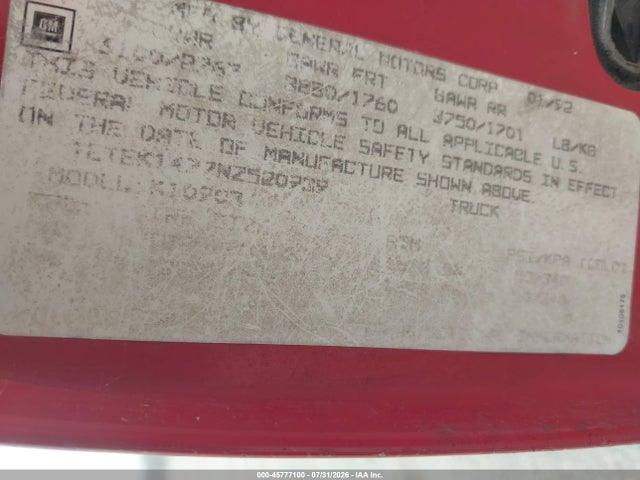 Aukcja sprzedaży 1992 Gmc Sierra K1500, vin: 1GTEK14Z7NZ520939, numer aukcji: 45777100
