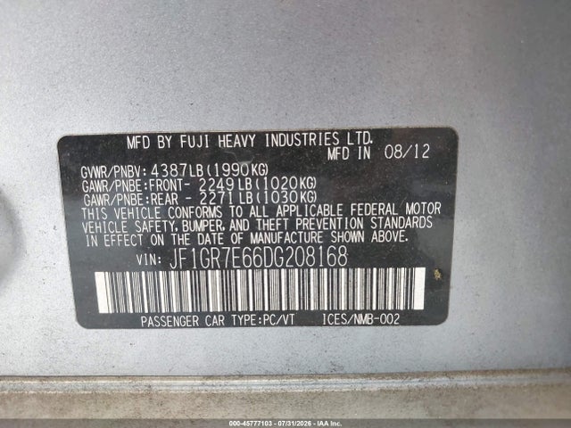 Продажа на аукционе авто 2013 Subaru Impreza Wrx, vin: JF1GR7E66DG208168, номер лота: 45777103
