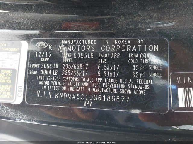 Aukcja sprzedaży 2016 Kia Sedona L, vin: KNDMA5C10G6186677, numer aukcji: 45777107