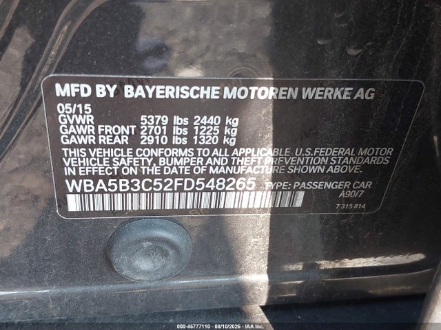 45777110 :رقم المزاد ، WBA5B3C52FD548265 vin ، 2015 Bmw 535i Xdrive مزاد بيع