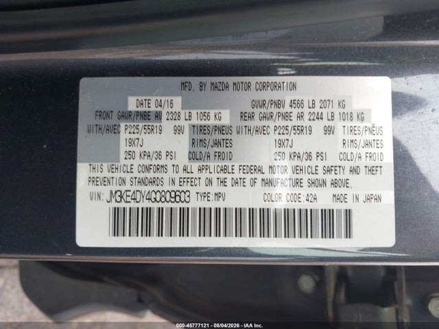 45777121 :رقم المزاد ، JM3KE4DY4G0809603 vin ، 2016 Mazda Cx-5 Grand Touring مزاد بيع