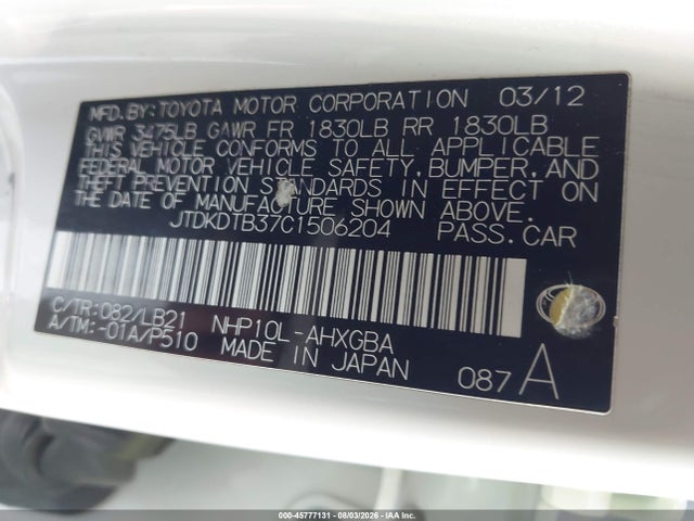 Aukcja sprzedaży 2012 Toyota Prius C Four, vin: JTDKDTB37C1506204, numer aukcji: 45777131