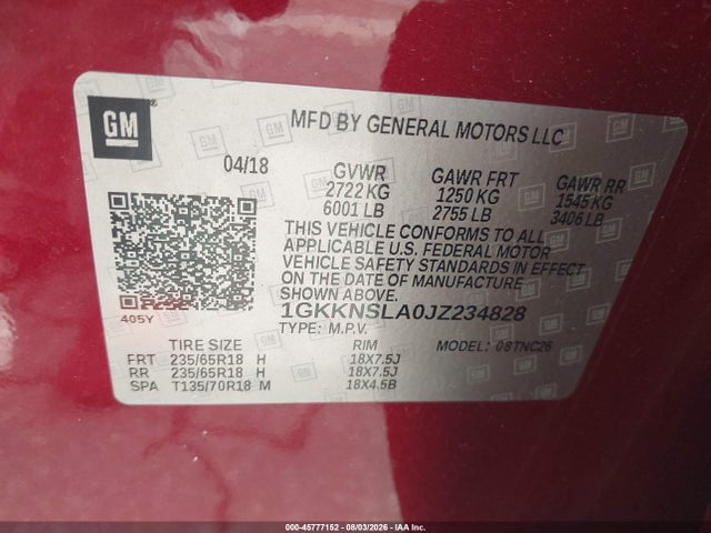 Продаж на аукціоні авто 2018 Gmc Acadia Sle-2, vin: 1GKKNSLA0JZ234828, номер лоту: 45777152