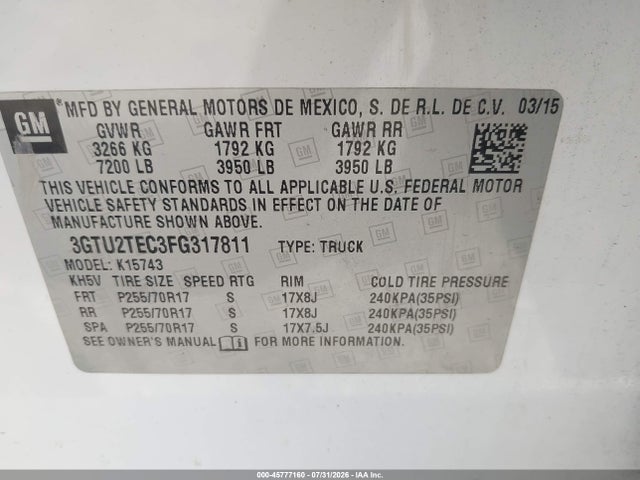 45777160 :رقم المزاد ، 3GTU2TEC3FG317811 vin ، 2015 Gmc Sierra 1500 مزاد بيع
