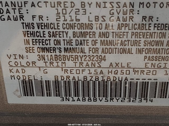 Aukcja sprzedaży 2024 Nissan Sentra S Xtronic Cvt, vin: 3N1AB8BV5RY232394, numer aukcji: 45777168