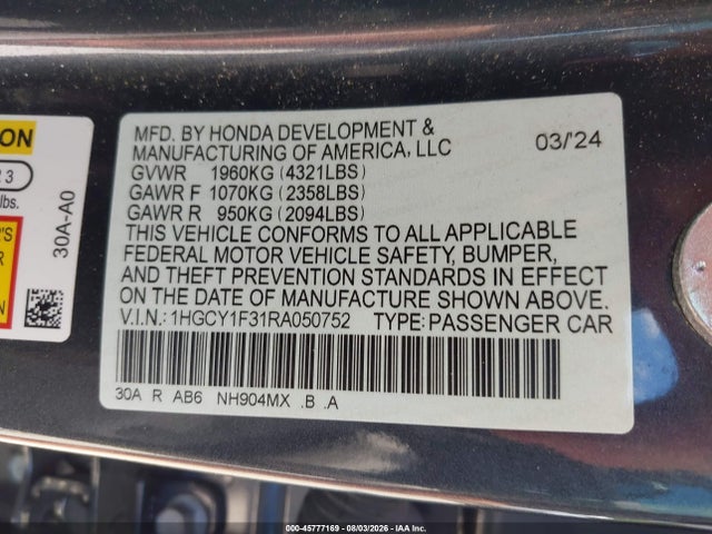 1HGCY1F31RA050752 Honda ACCORD EX