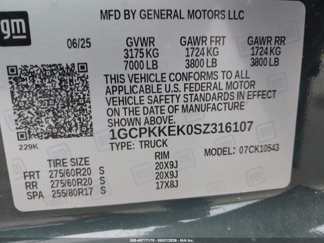 45777170 :رقم المزاد ، 1GCPKKEK0SZ316107 vin ، 2025 Chevrolet Silverado 1500 4wd  Short Bed Lt With 2fl مزاد بيع