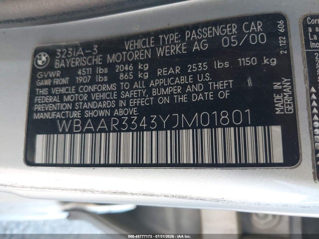 45777173 :رقم المزاد ، WBAAR3343YJM01801 vin ، 2000 Bmw 323it مزاد بيع