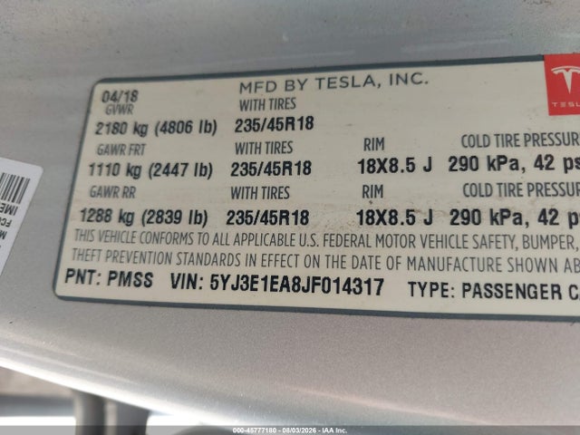 Aukcja sprzedaży 2018 Tesla Model 3 Long Range/mid Range, vin: 5YJ3E1EA8JF014317, numer aukcji: 45777180