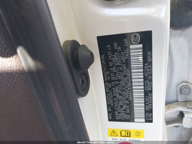 45777189 :رقم المزاد ، 58ABZ1B18KU008681 vin ، 2019 Lexus Es 350 مزاد بيع