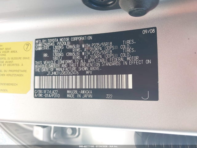 45777195 :رقم المزاد ، JTJHW31U382062476 vin ، 2008 Lexus Rx 400h مزاد بيع