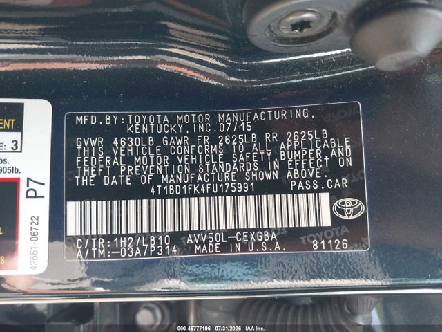 Aukcja sprzedaży 2015 Toyota Camry Hybrid Xle, vin: 4T1BD1FK4FU175991, numer aukcji: 45777196