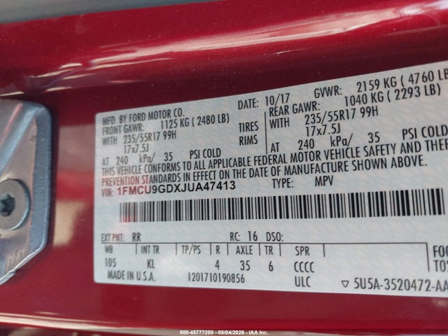 2018 Ford Escape Se მანქანა იყიდება აუქციონზე, vin: 1FMCU9GDXJUA47413, აუქციონის ნომერი: 45777200