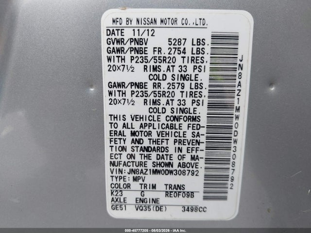 2013 Nissan Murano Le მანქანა იყიდება აუქციონზე, vin: JN8AZ1MW0DW308792, აუქციონის ნომერი: 45777205