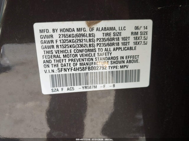 2015 Honda Pilot Ex-l მანქანა იყიდება აუქციონზე, vin: 5FNYF4H58FB002792, აუქციონის ნომერი: 45777218
