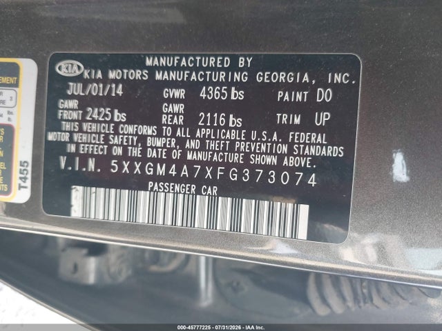 Aukcja sprzedaży 2015 Kia Optima Lx, vin: 5XXGM4A7XFG373074, numer aukcji: 45777225