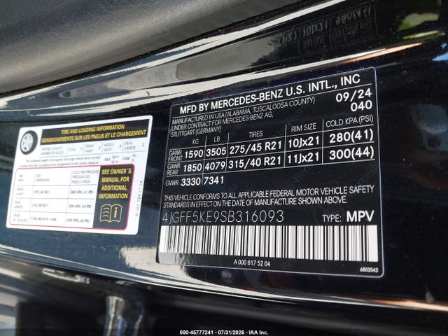 4JGFF5KE9SB316093 Mercedes-Benz Gls 450 4matic