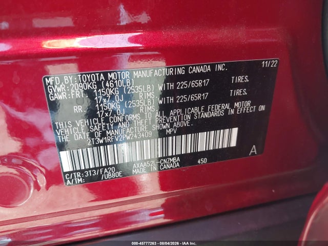 2T3W1RFV2PW243409 Toyota Rav4 Xle