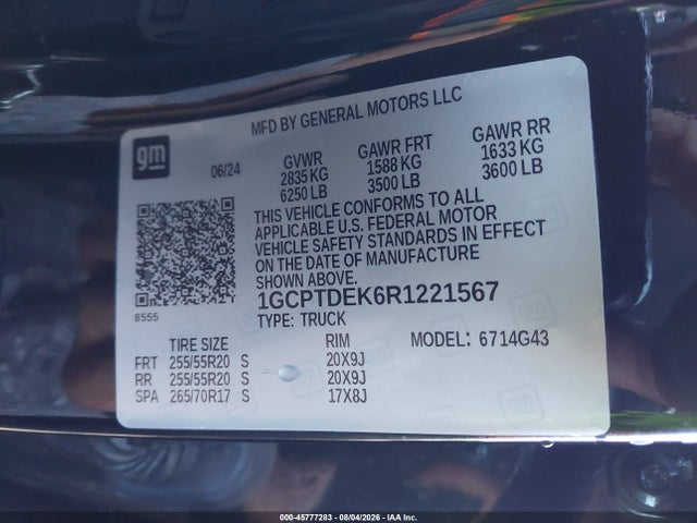 Aukcja sprzedaży 2024 Chevrolet Colorado 4wd Z71, vin: 1GCPTDEK6R1221567, numer aukcji: 45777283